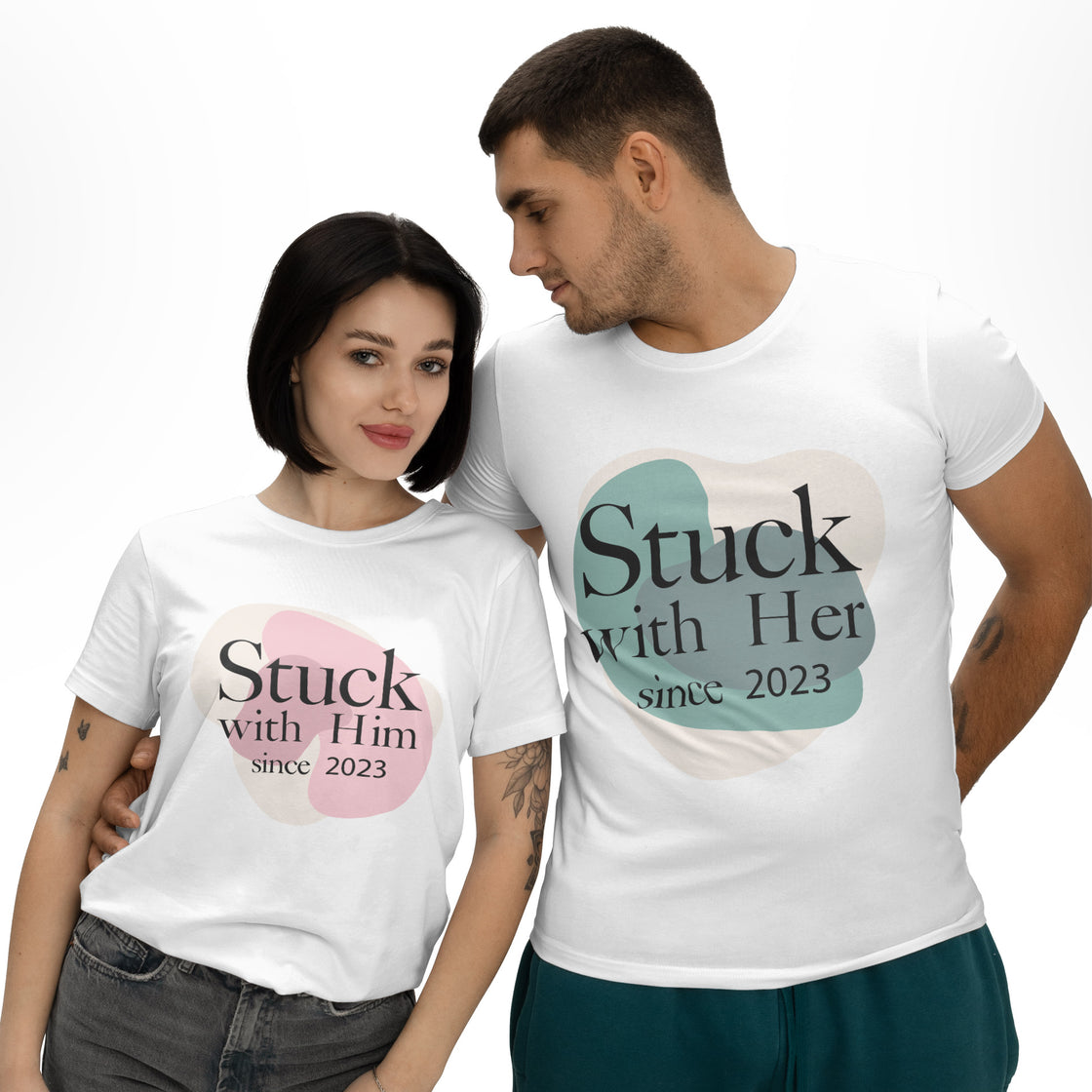 Stuck with Her Since 2023 & Stuck with Him Since 2023 – Funny Matching Set for Couples Who Love to Laugh Together