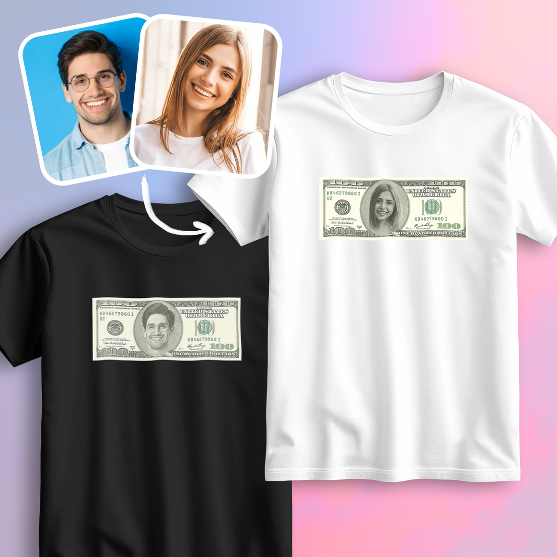 Custom Money Bill Matching Outfits – Add Your Faces on Dollar Bills for a One-of-a-Kind Couple Look