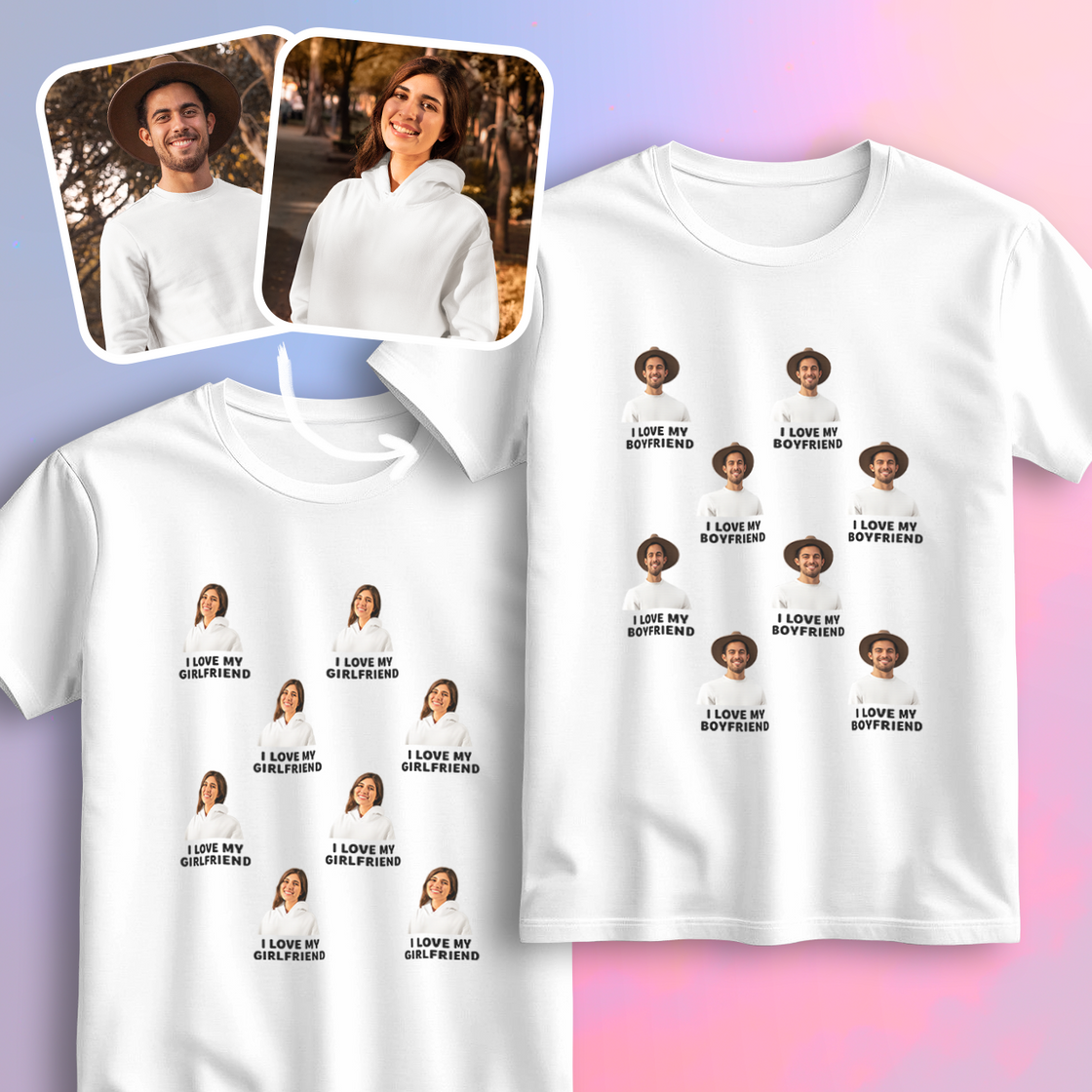 Custom Photo & Text Matching Outfits – Create Personalized Couple Shirts with Your Faces & Message