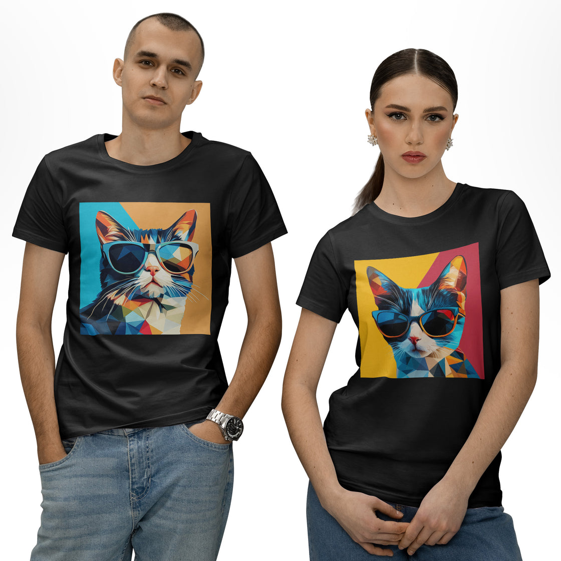 Geomeowtric Cool β Abstract Matching Outfit for Stylish Cat-Loving Couples