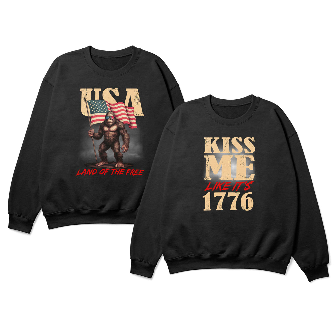 Kiss Me Like It’s 1776 & USA Bigfoot – Funny Matching Outfits for Patriotic Couples