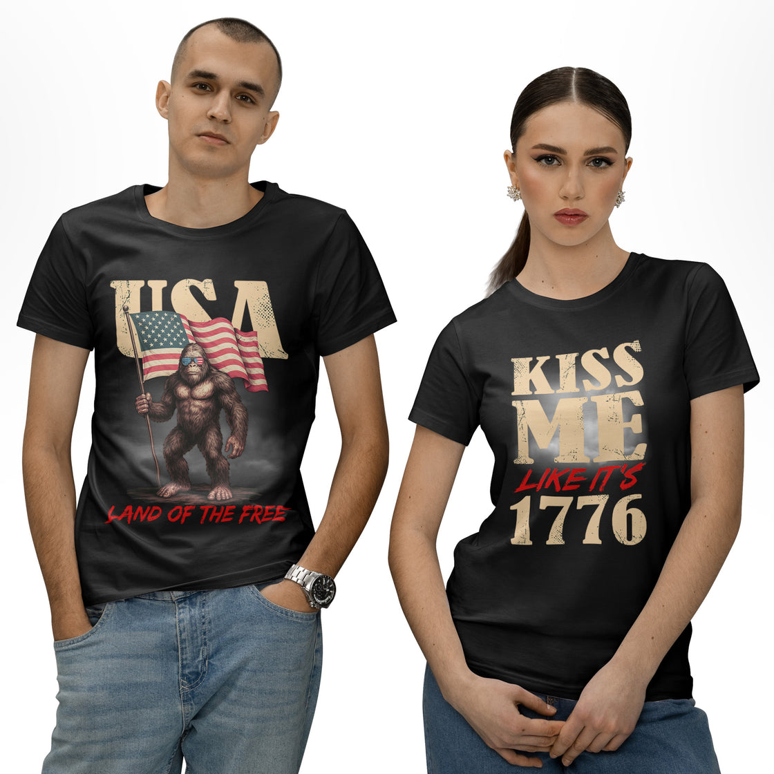Kiss Me Like It’s 1776 & USA Bigfoot – Funny Matching Outfits for Patriotic Couples