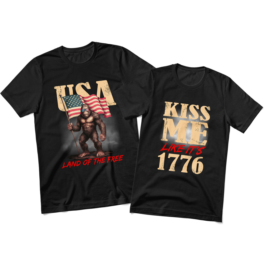 Kiss Me Like It’s 1776 & USA Bigfoot – Funny Matching Outfits for Patriotic Couples