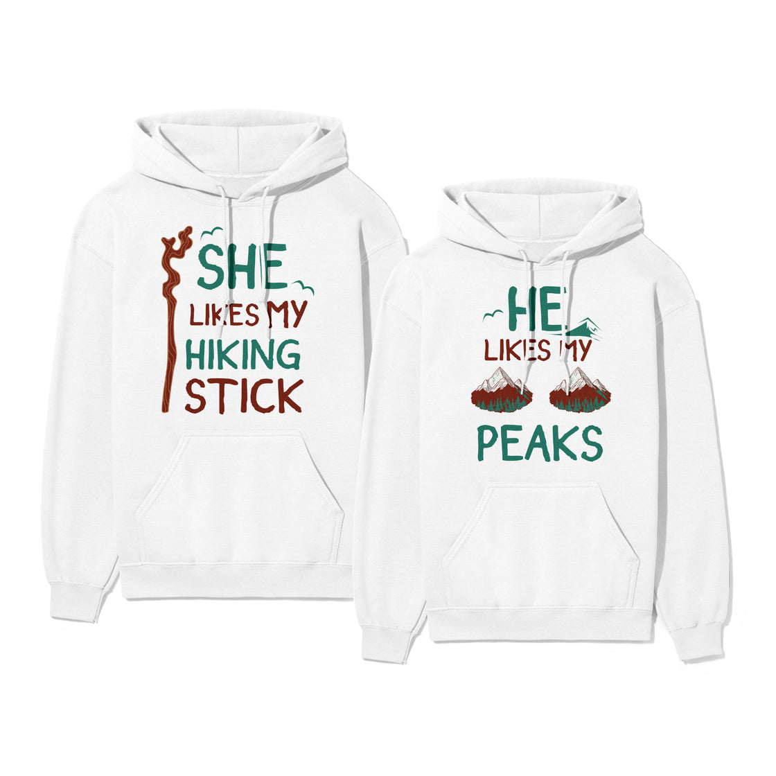 She Likes My Hiking Stick & He Likes My Peaks – Matching Outdoorsy Tees for Campers & Adventurers