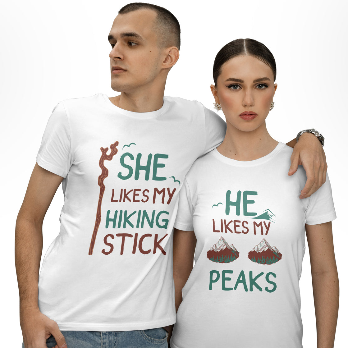 She Likes My Hiking Stick & He Likes My Peaks – Matching Outdoorsy Tees for Campers & Adventurers