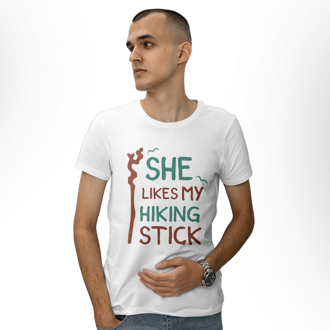 She Likes My Hiking Stick & He Likes My Peaks – Matching Outdoorsy Tees for Campers & Adventurers
