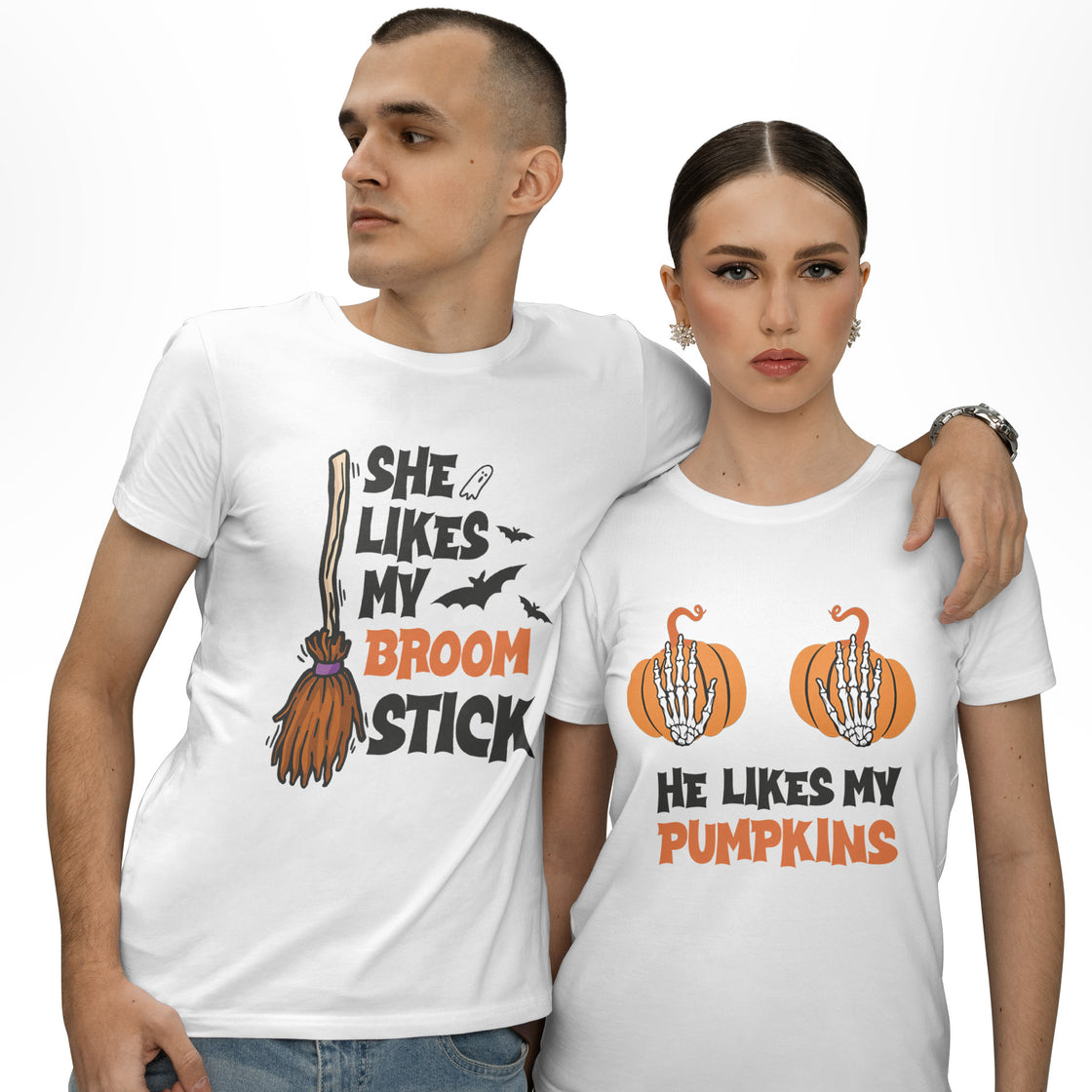 She Likes My Broomstick & He Likes My Pumpkins – Funny His and Hers Matching Outfits for Spooky Season