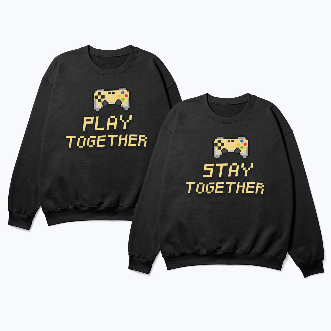 Play Together & Stay Together – Matching Gamer Couple Shirts – Pixel Controller T-Shirts
