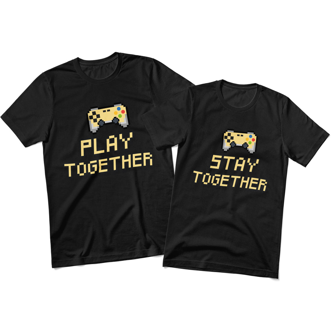 Play Together & Stay Together – Matching Gamer Couple Shirts – Pixel Controller T-Shirts