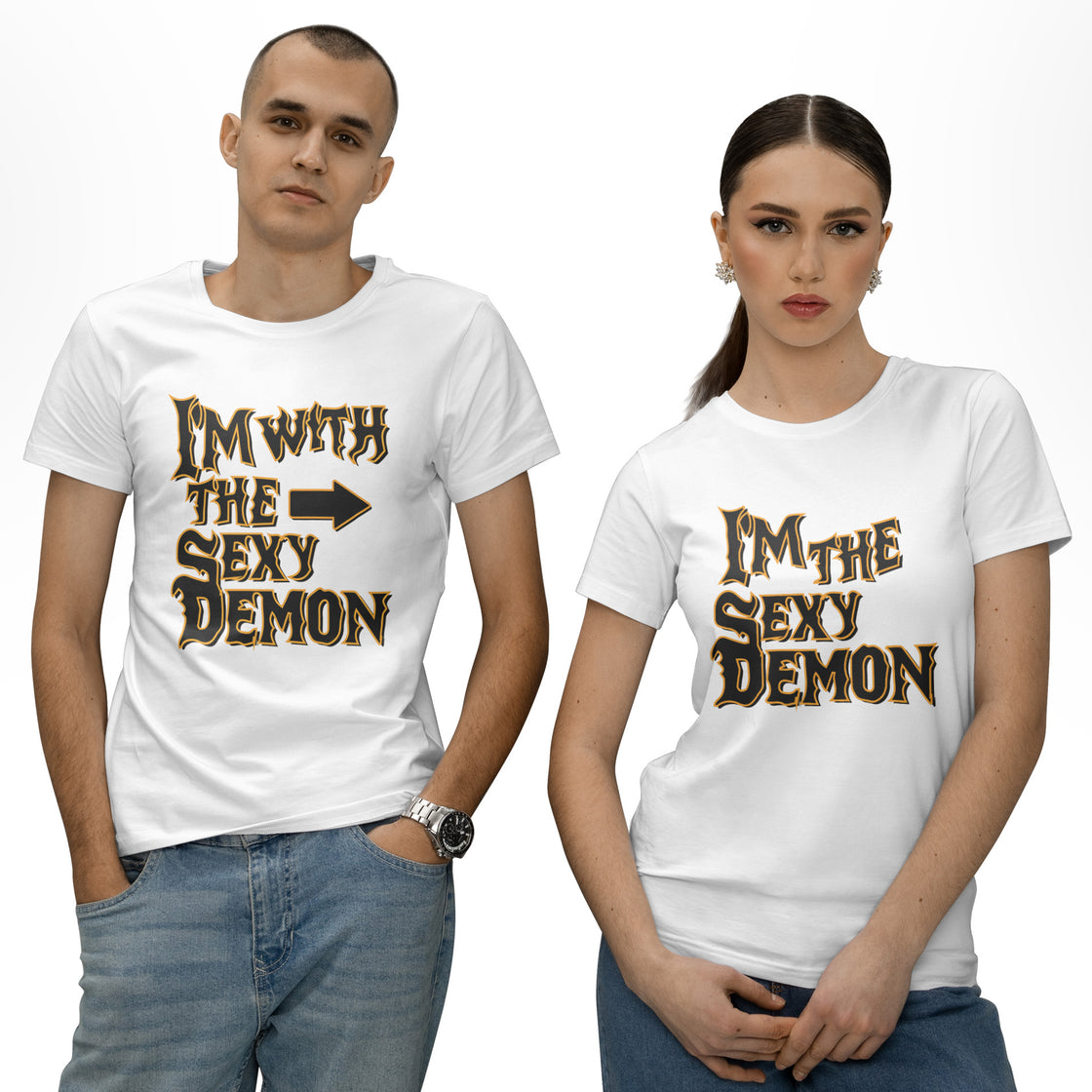 I’m With the Sexy Demon & I’m the Sexy Demon – Matching Funny Halloween Tees for Him and Her