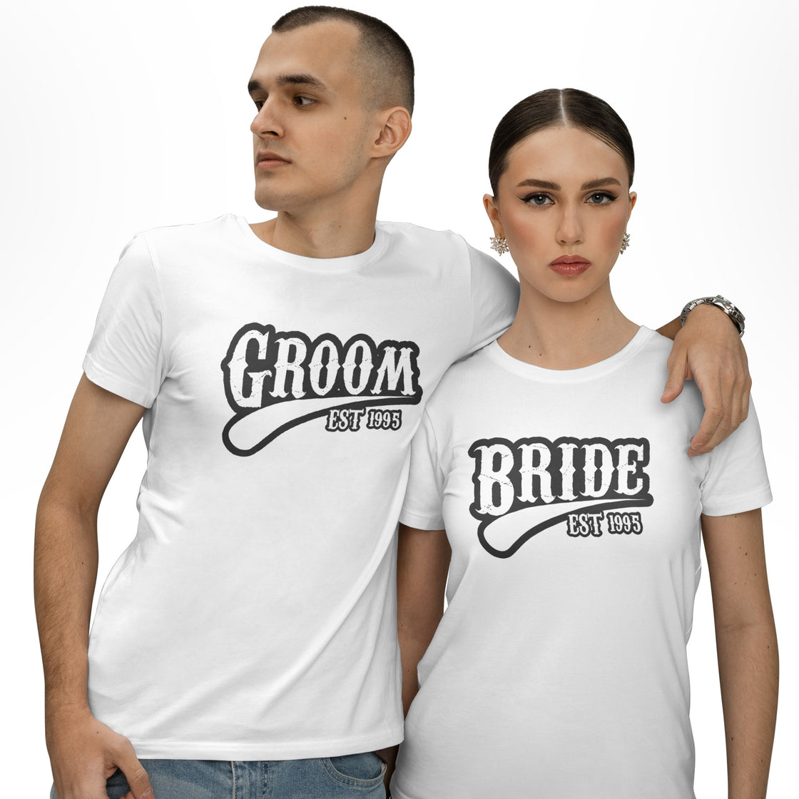 Groom EST 1995 & Bride Groom | Coordinated Couple Outfit for Anniversary & Wedding