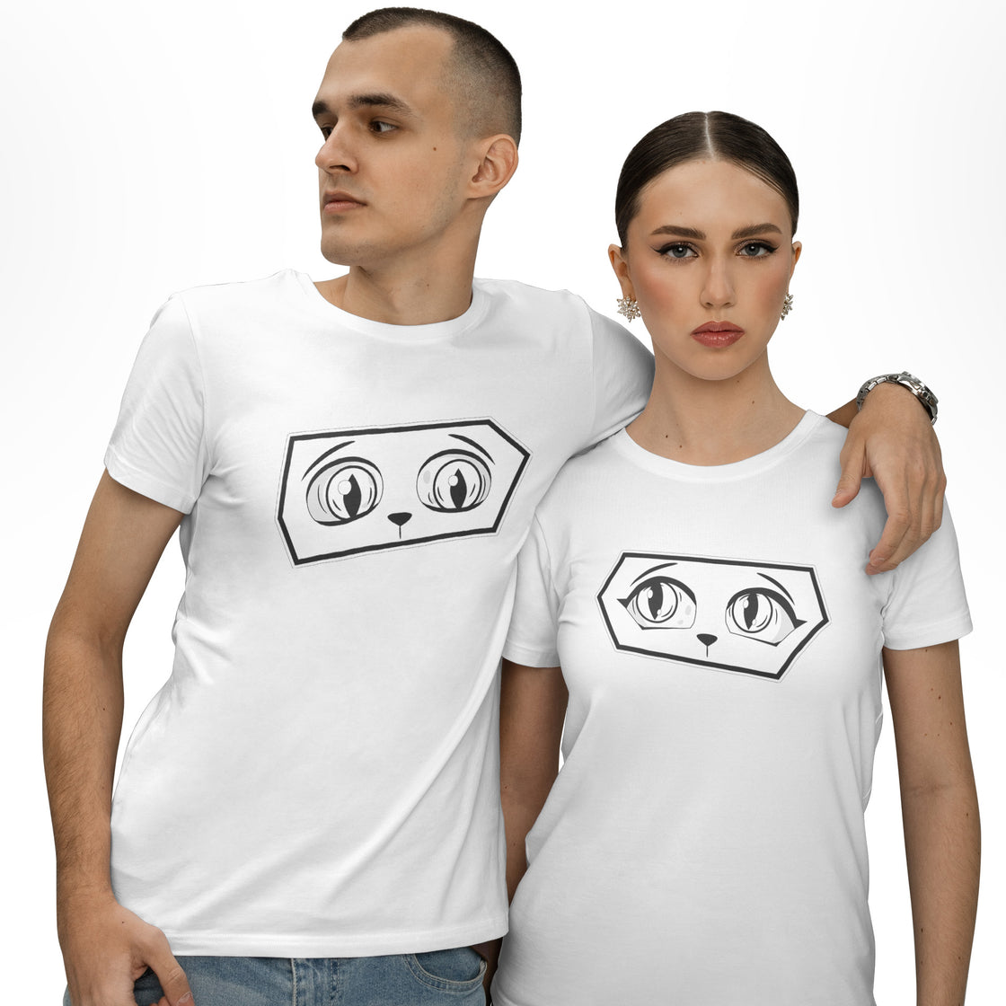 Suspicious Cat Couple Tees – Matching Looks of Judgement
